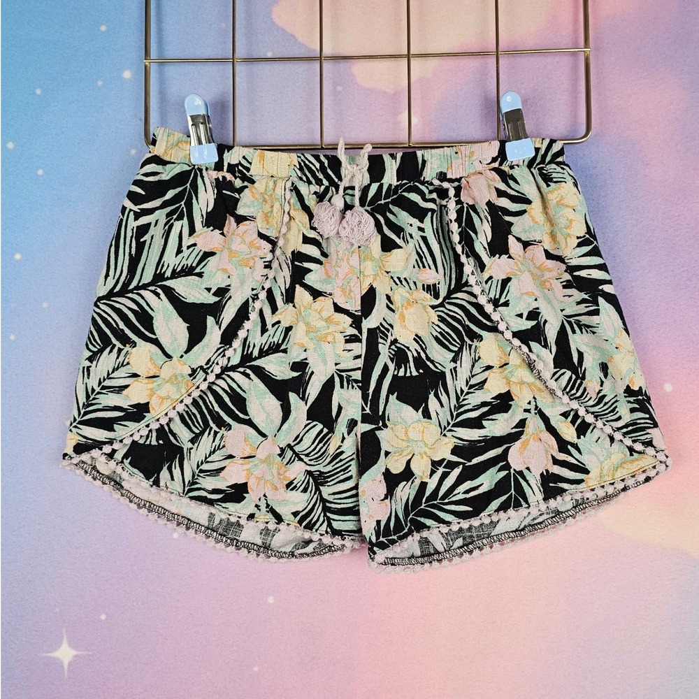 Art Class Tropical Floral Shorts Girls XL 14/16 Black Linen Blend Excellent Boho
